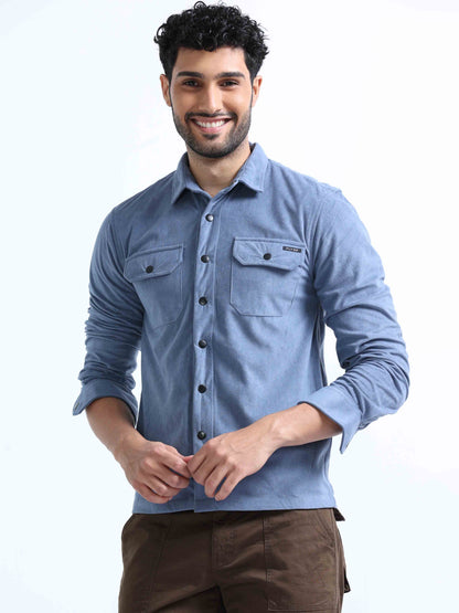 Light Blue Velvet Over Double Pocket Shirt For Men 