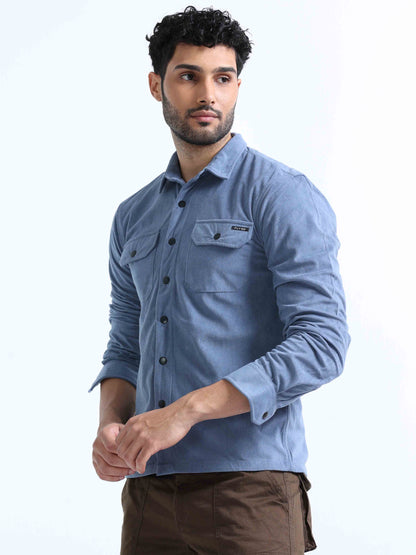 Light Blue Velvet Over Double Pocket Shirt For Men 