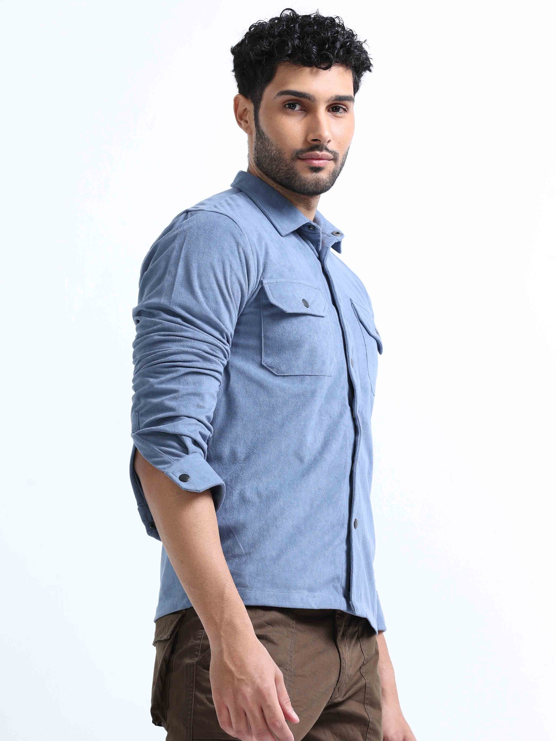 Light Blue Velvet Over Double Pocket Shirt For Men 