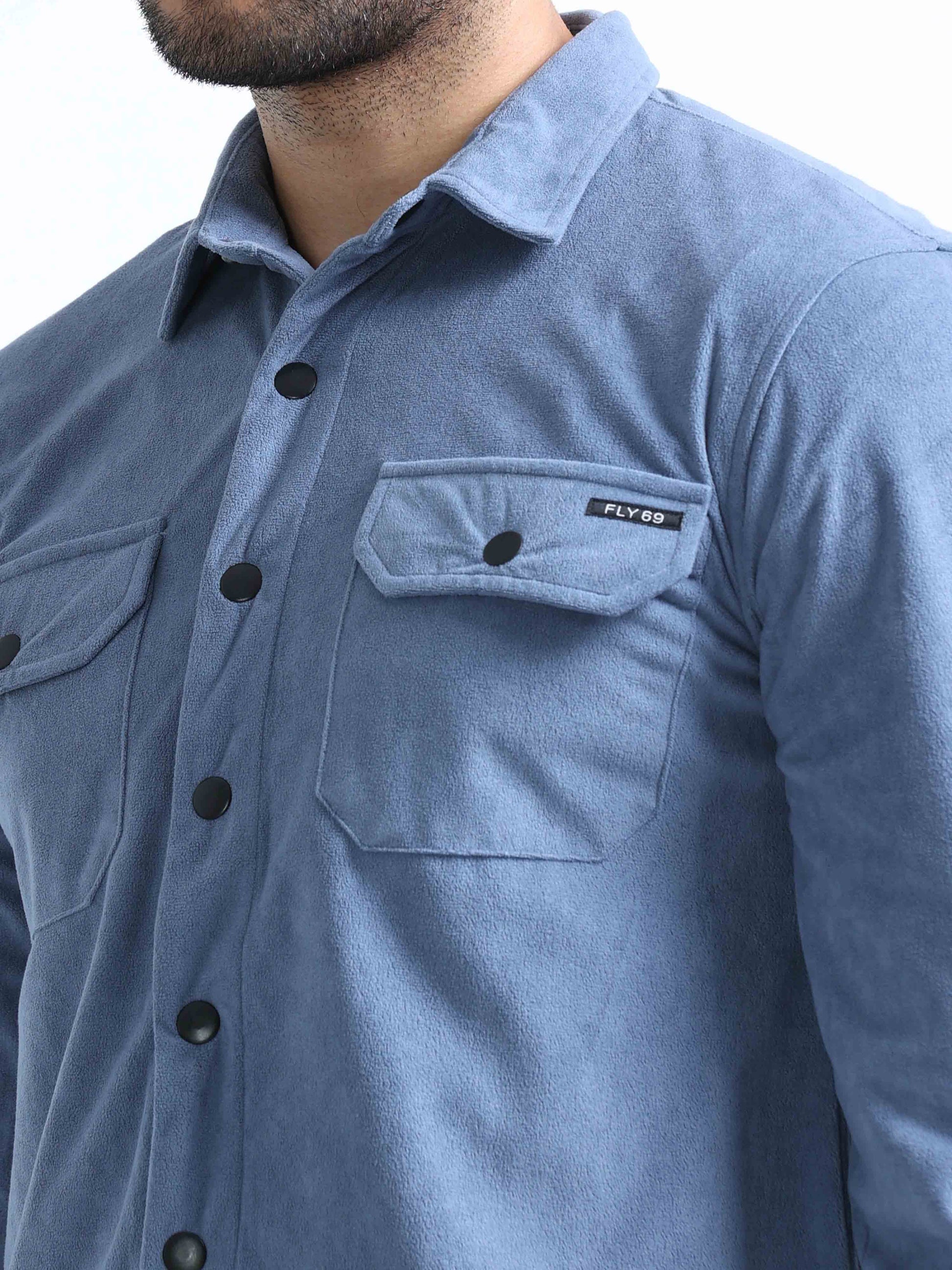 Light Blue Velvet Over Double Pocket Shirt For Men 