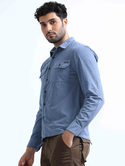 Light Blue Velvet Over Double Pocket Shirt For Men 