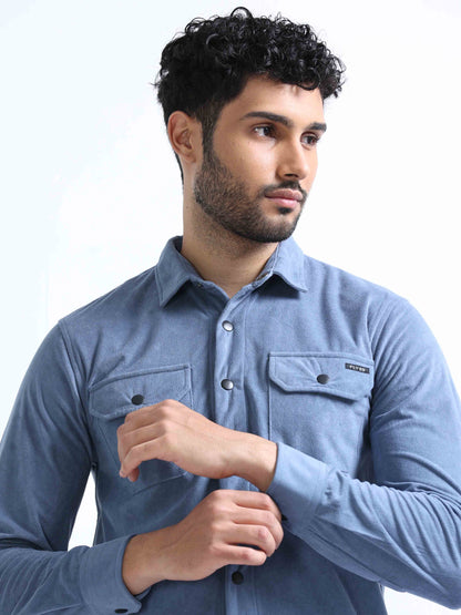 Light Blue Velvet Over Double Pocket Shirt For Men 