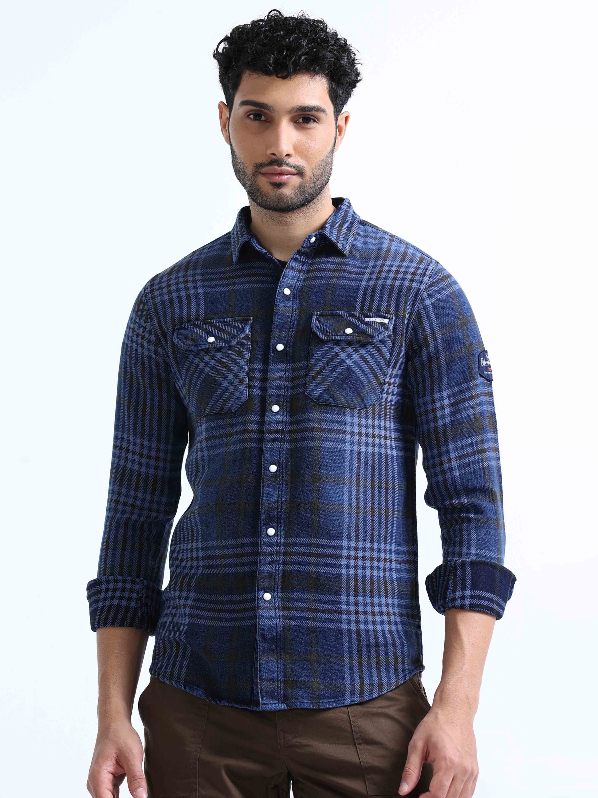 Indigo and Black Checked Denim Shirt For Men 