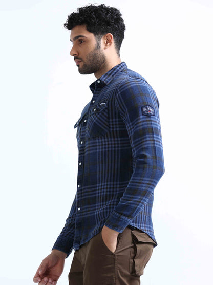 Indigo and Black Checked Denim Shirt For Men 