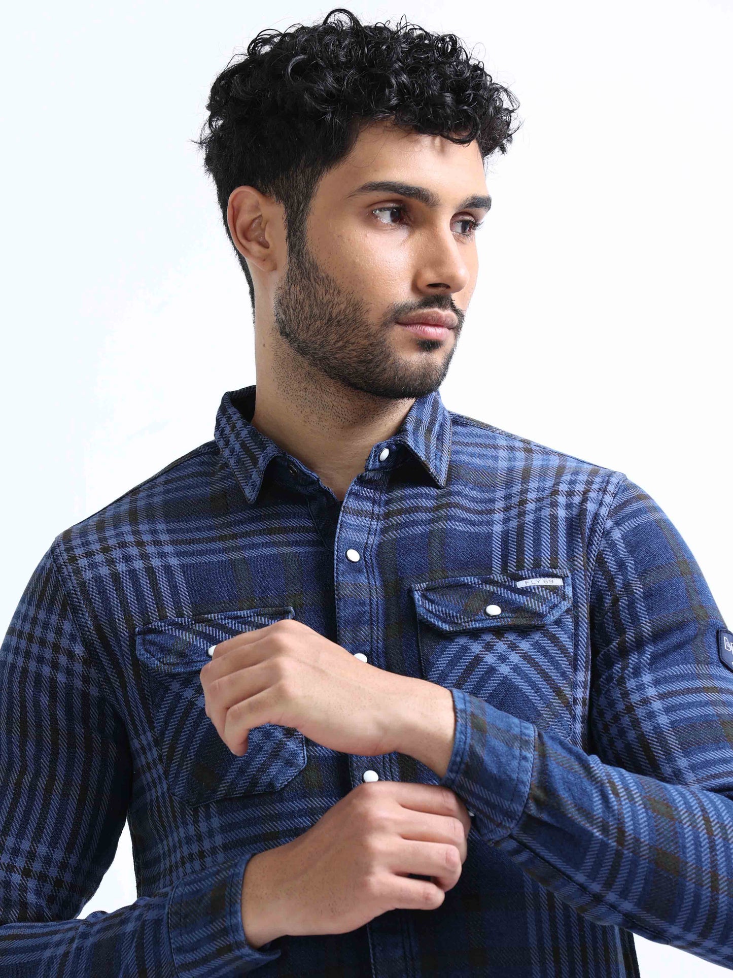 Indigo and Black Checked Denim Shirt For Men 