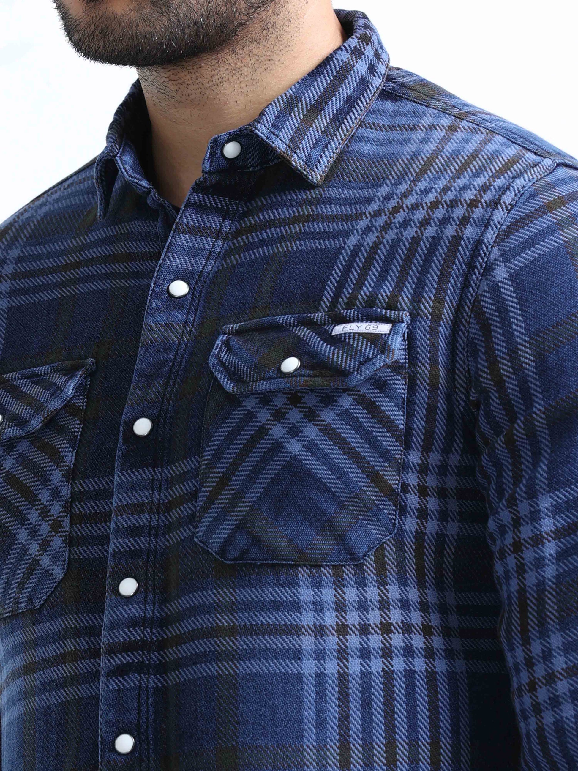 Indigo and Black Checked Denim Shirt For Men 