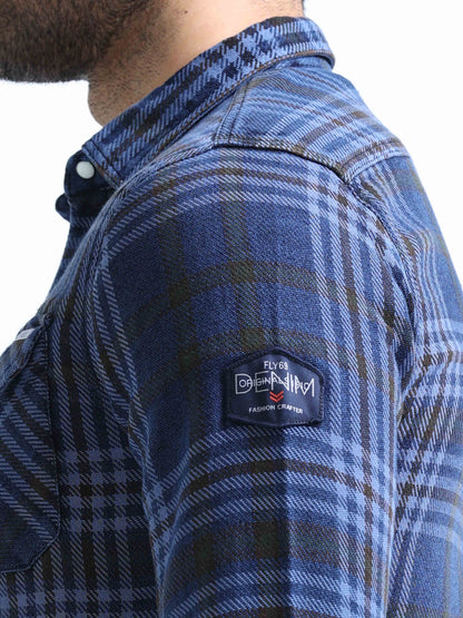 Indigo and Black Checked Denim Shirt For Men 