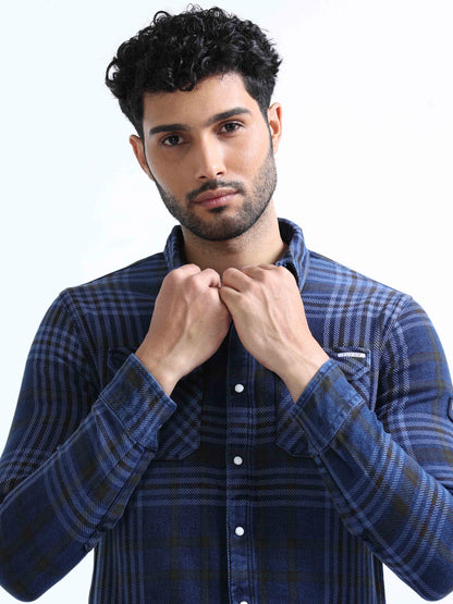 Indigo and Black Checked Denim Shirt For Men 