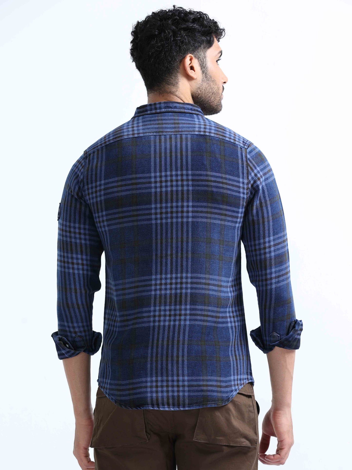 Indigo and Black Checked Denim Shirt For Men 