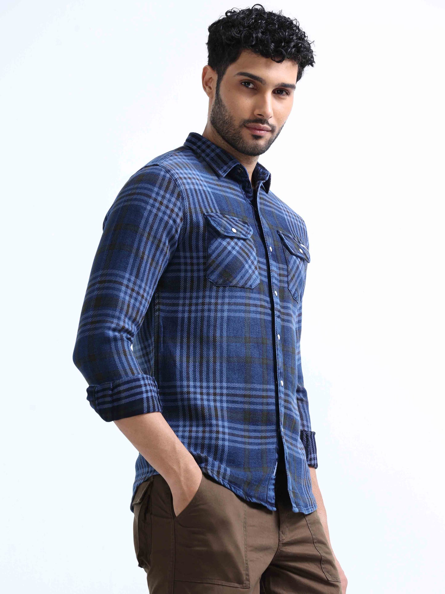 Indigo and Black Checked Denim Shirt For Men 