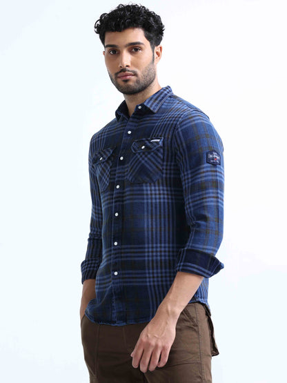 Indigo and Black Checked Denim Shirt For Men 