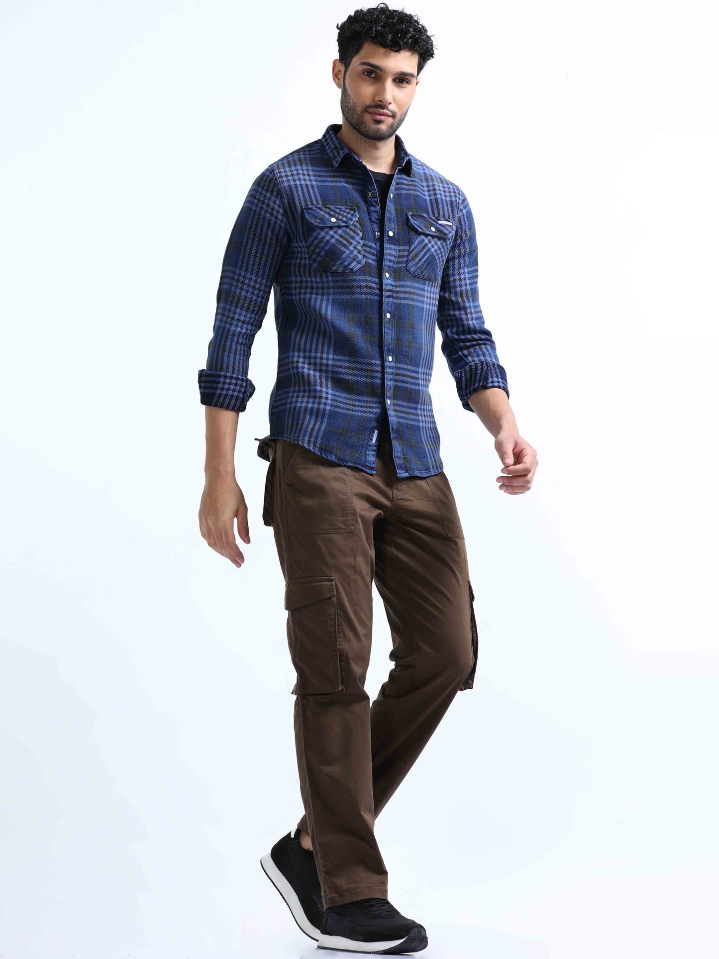 Indigo and Black Checked Denim Shirt For Men 