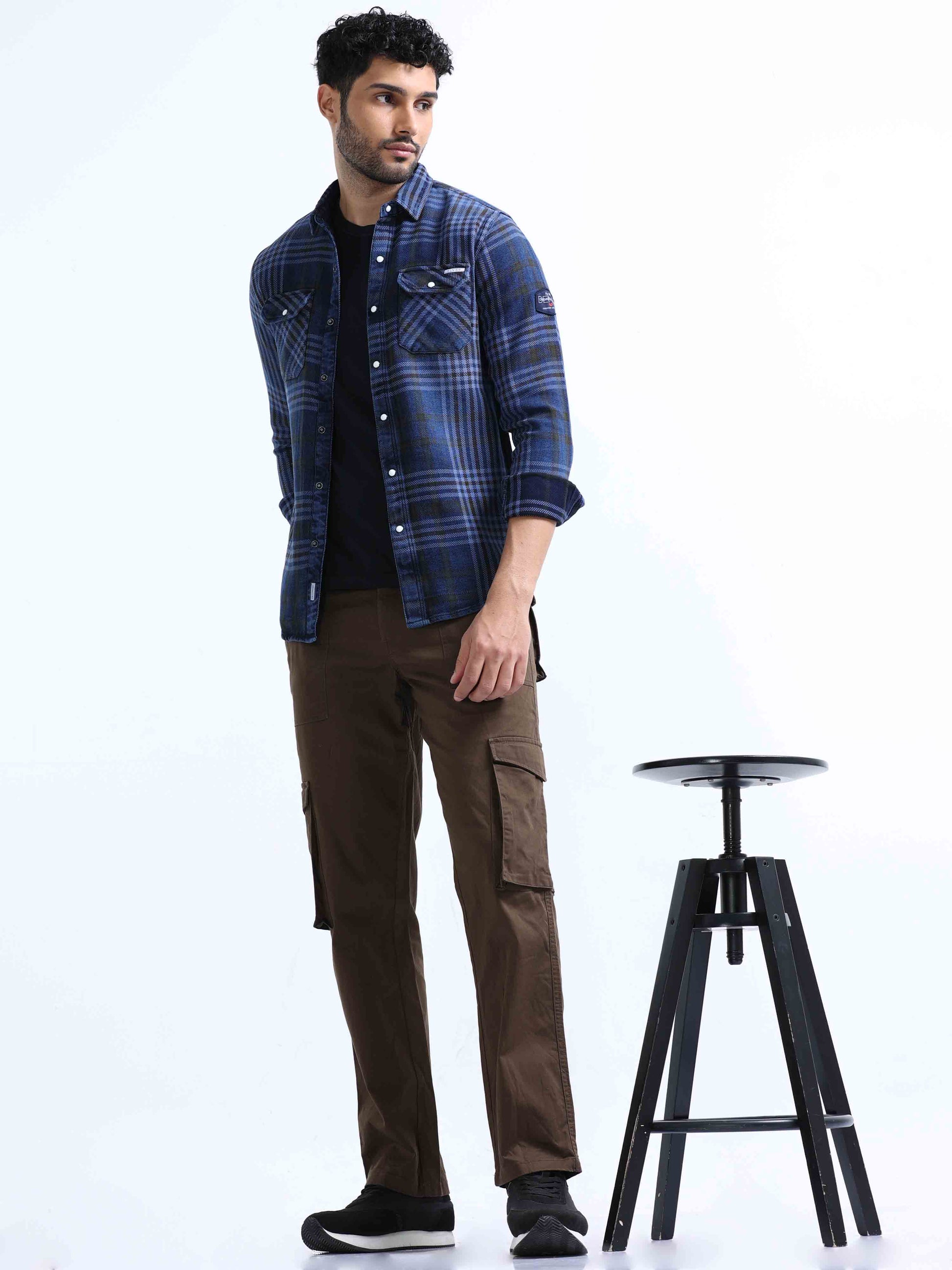 Indigo and Black Checked Denim Shirt For Men 