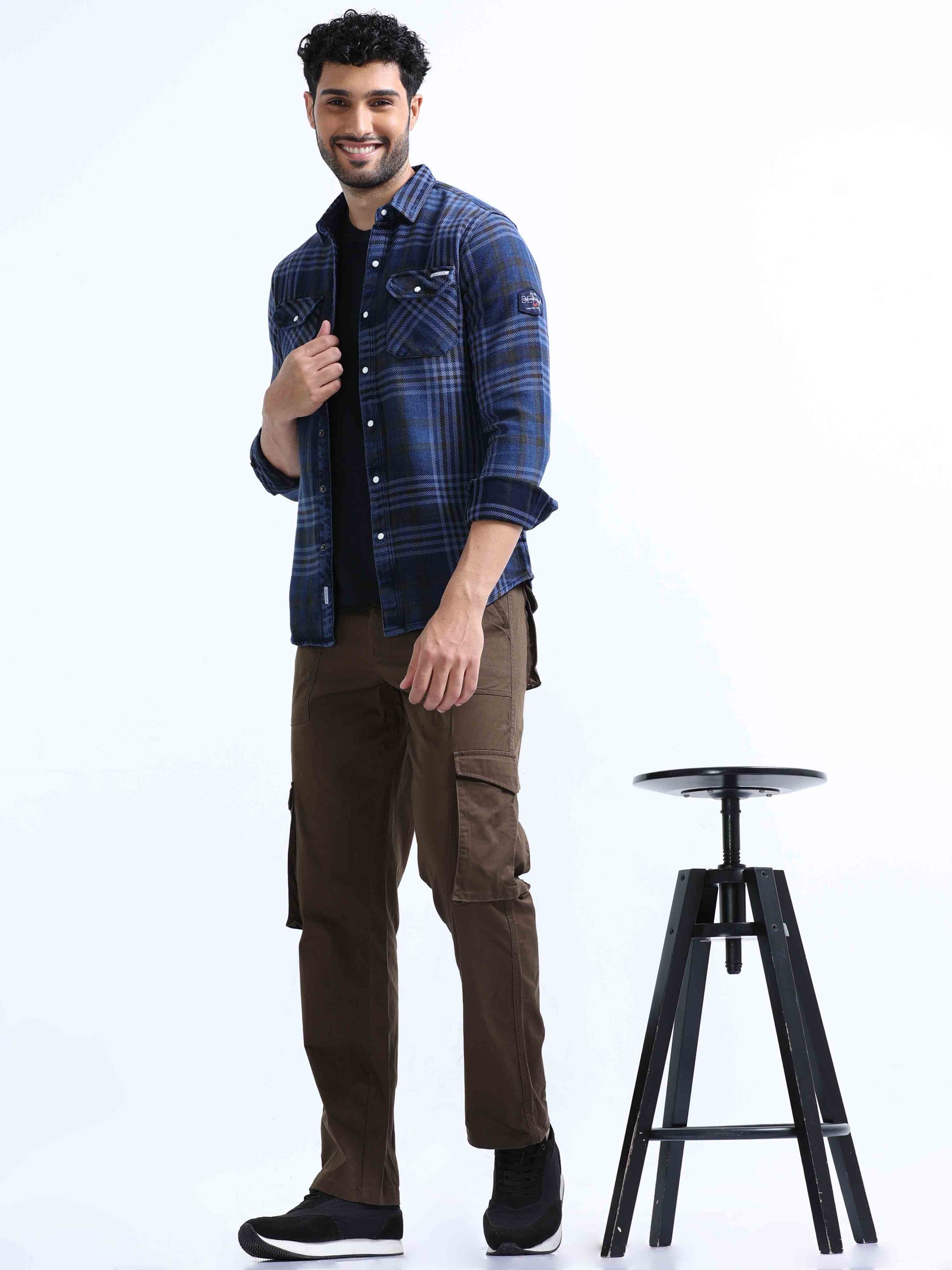 Indigo and Black Checked Denim Shirt For Men 