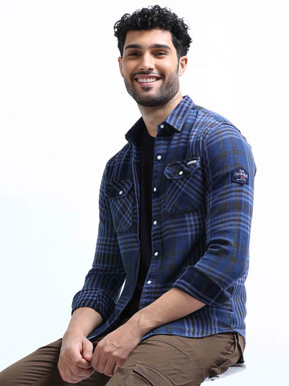 Indigo and Black Checked Denim Shirt For Men 