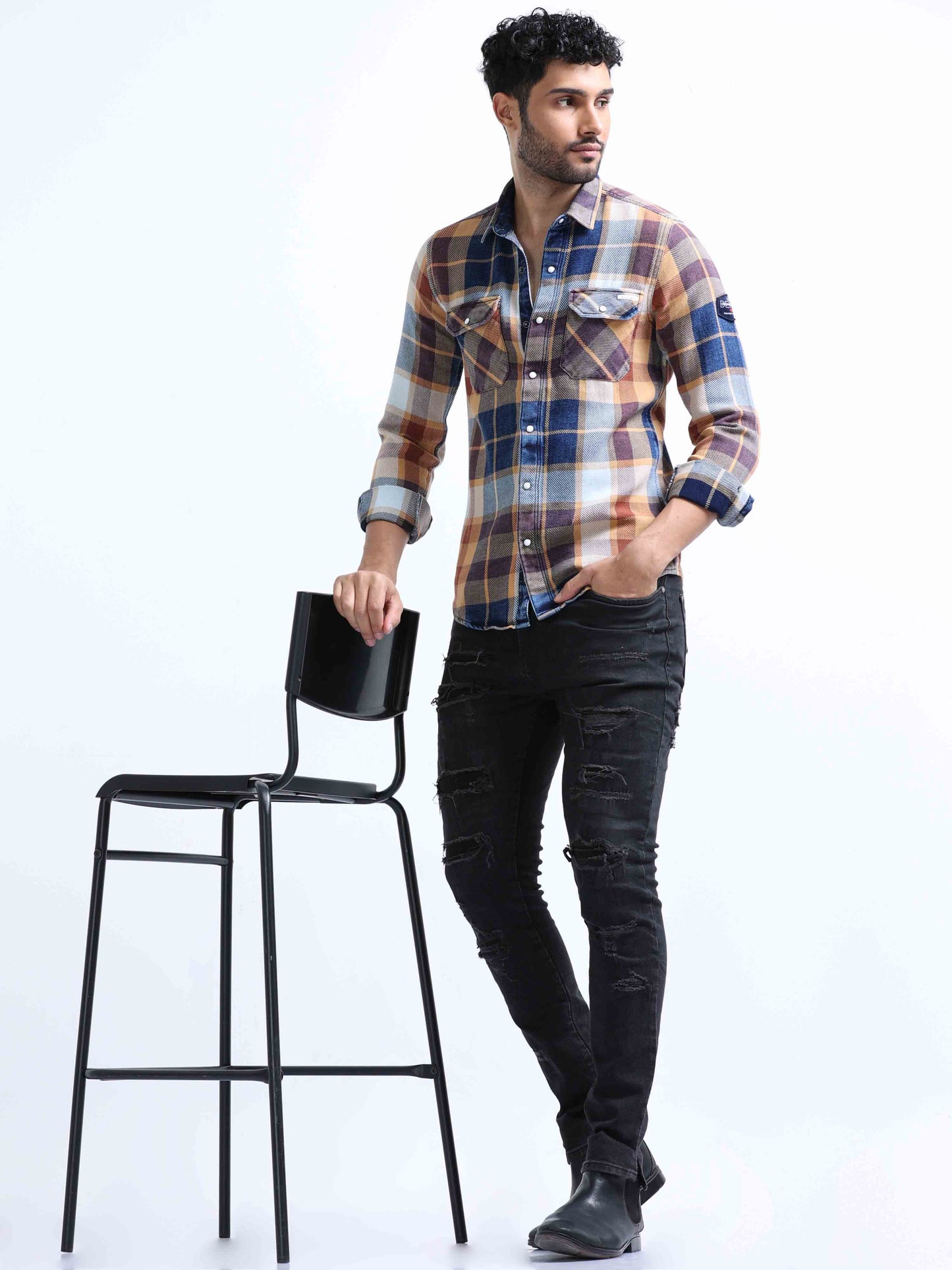 Mustard Checked Denim Double Pocket Shirt For Men