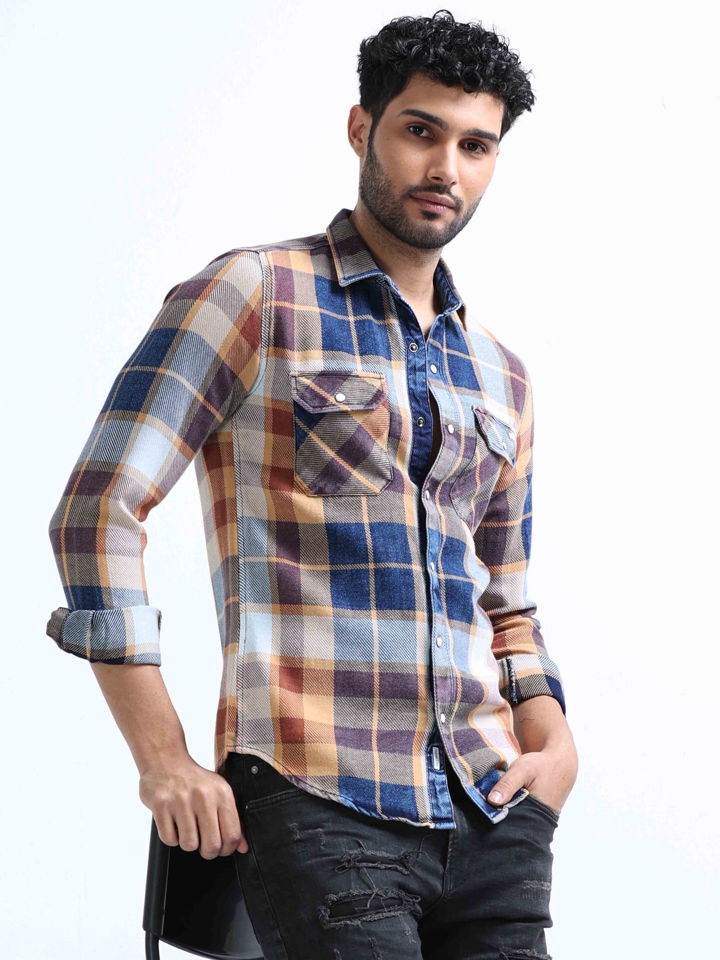 Mustard Checked Denim Double Pocket Shirt For Men