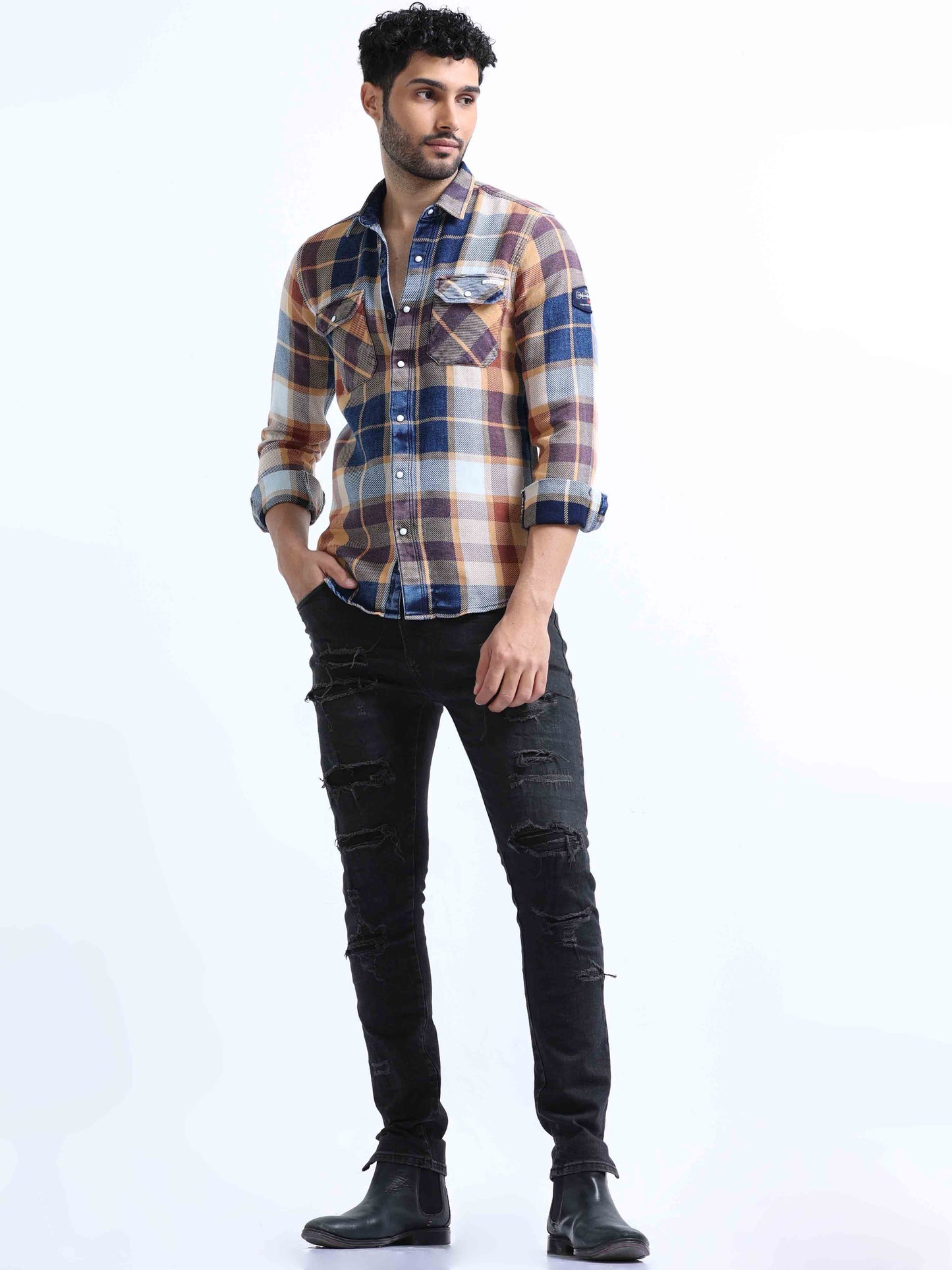 Mustard Checked Denim Double Pocket Shirt For Men