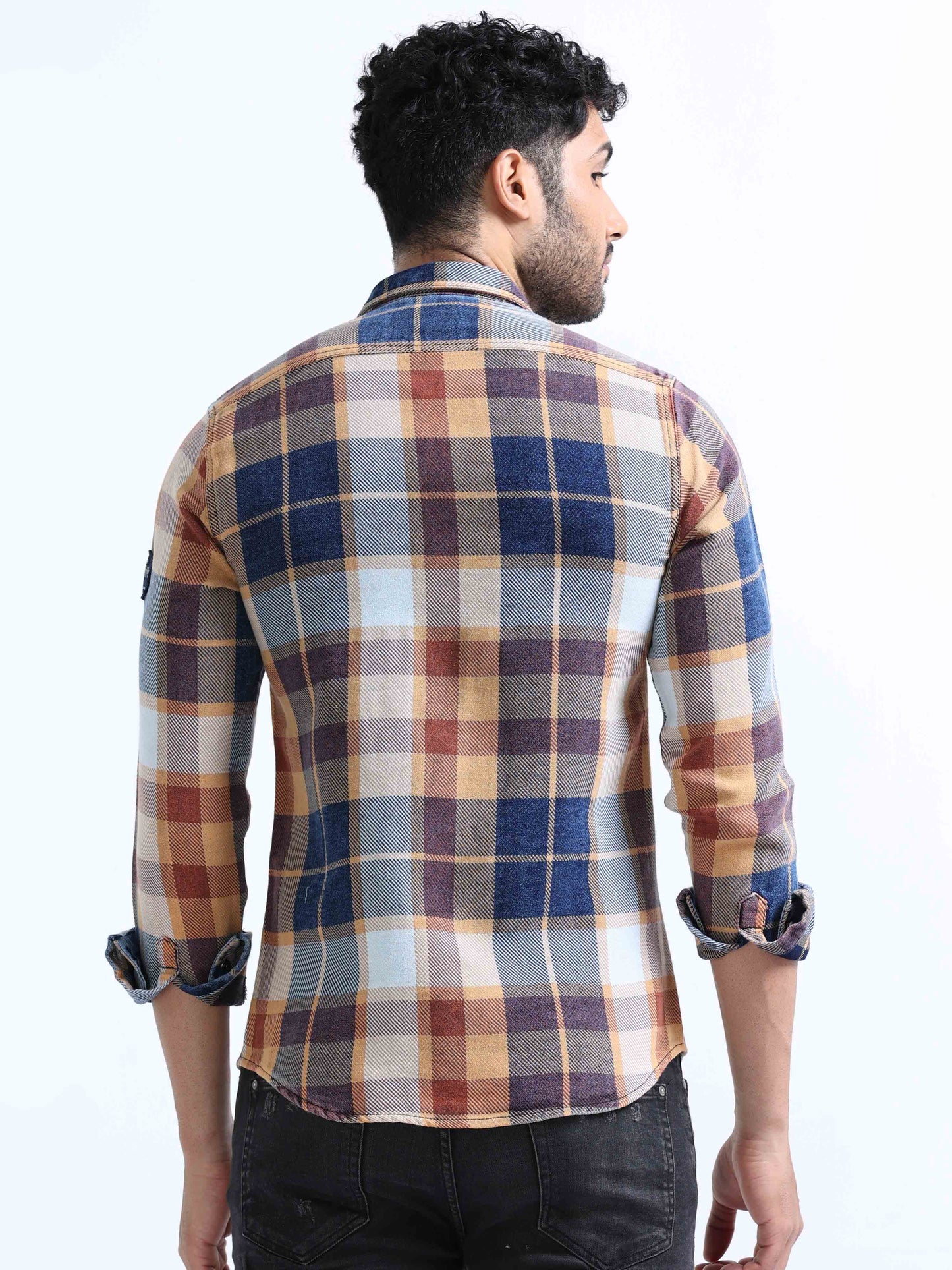 Mustard Checked Denim Double Pocket Shirt For Men