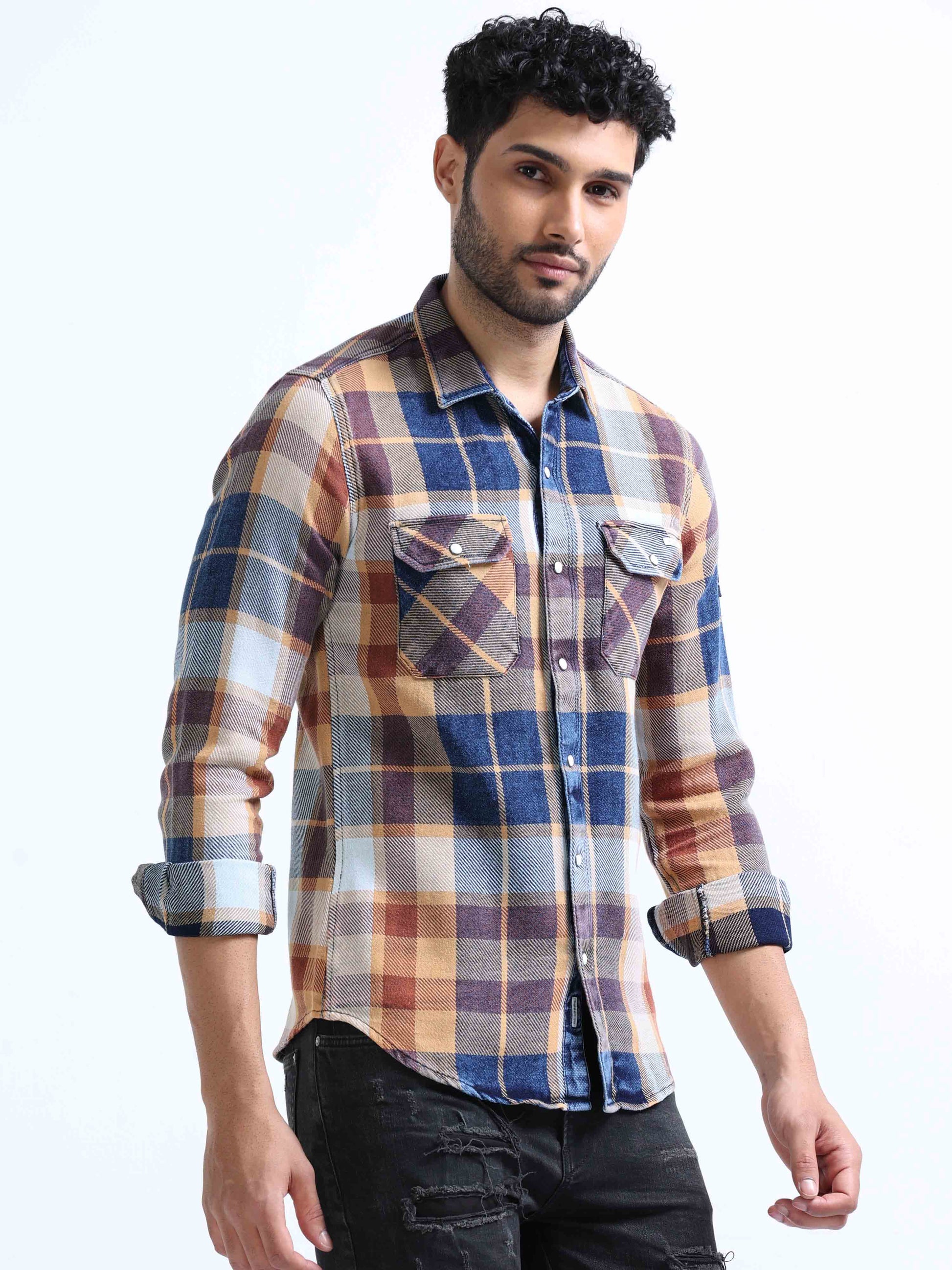 Mustard Checked Denim Double Pocket Shirt For Men