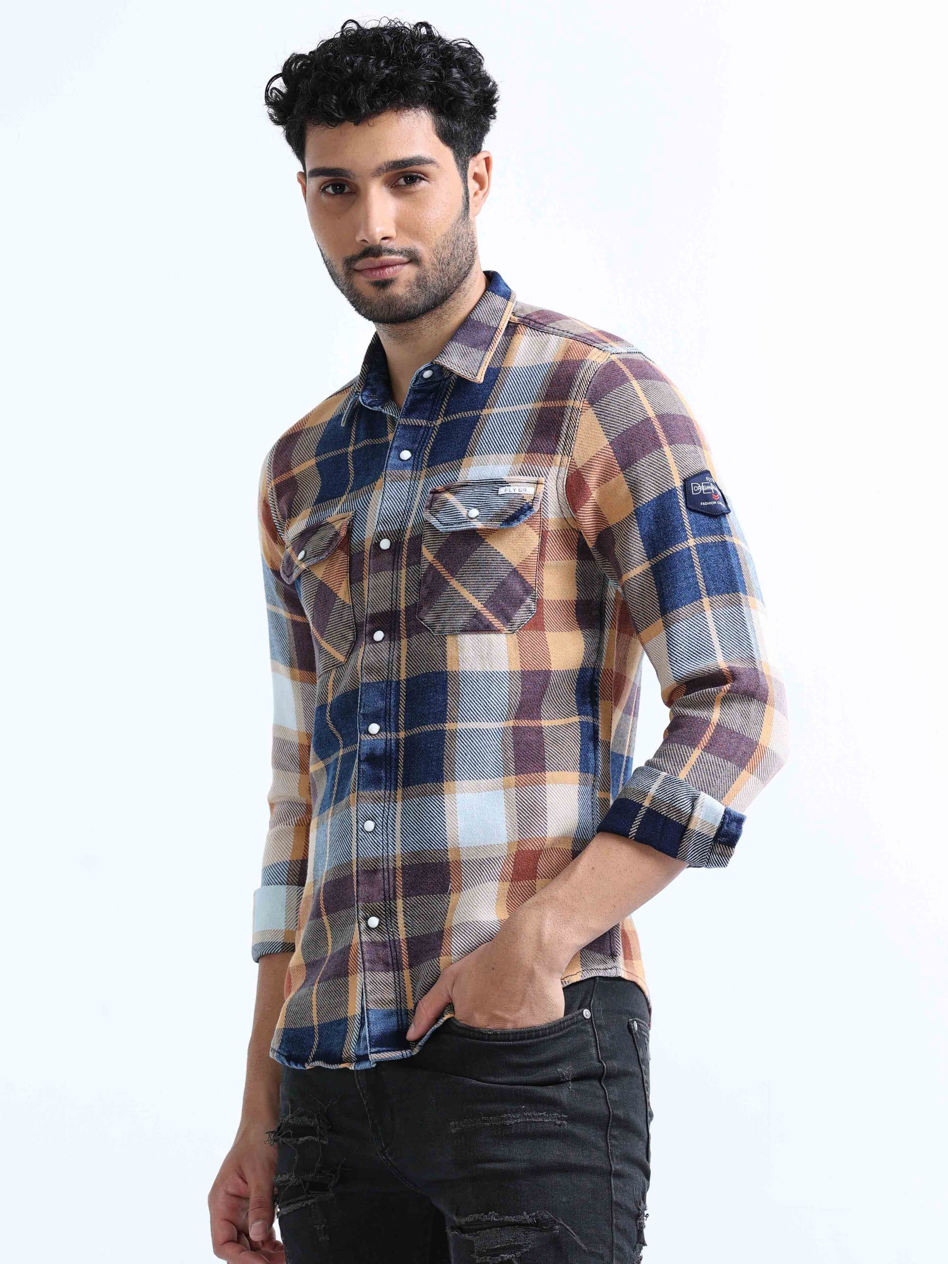 Mustard Checked Denim Double Pocket Shirt For Men 