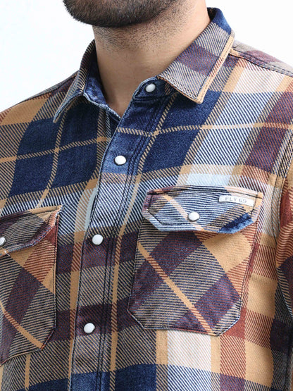 Mustard Checked Denim Double Pocket Shirt For Men