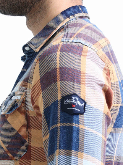 Mustard Checked Denim Double Pocket Shirt For Men