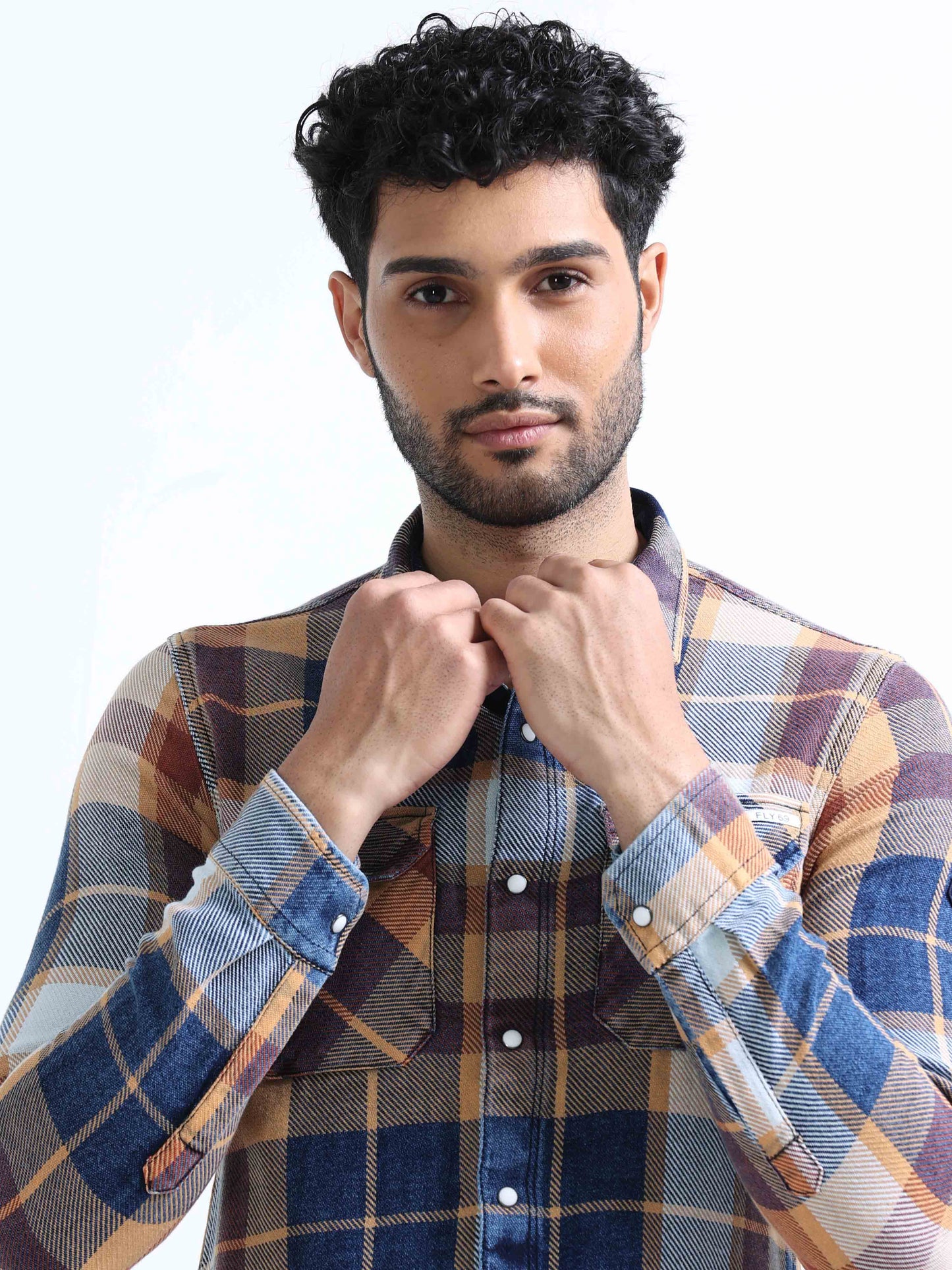 Mustard Checked Denim Double Pocket Shirt For Men