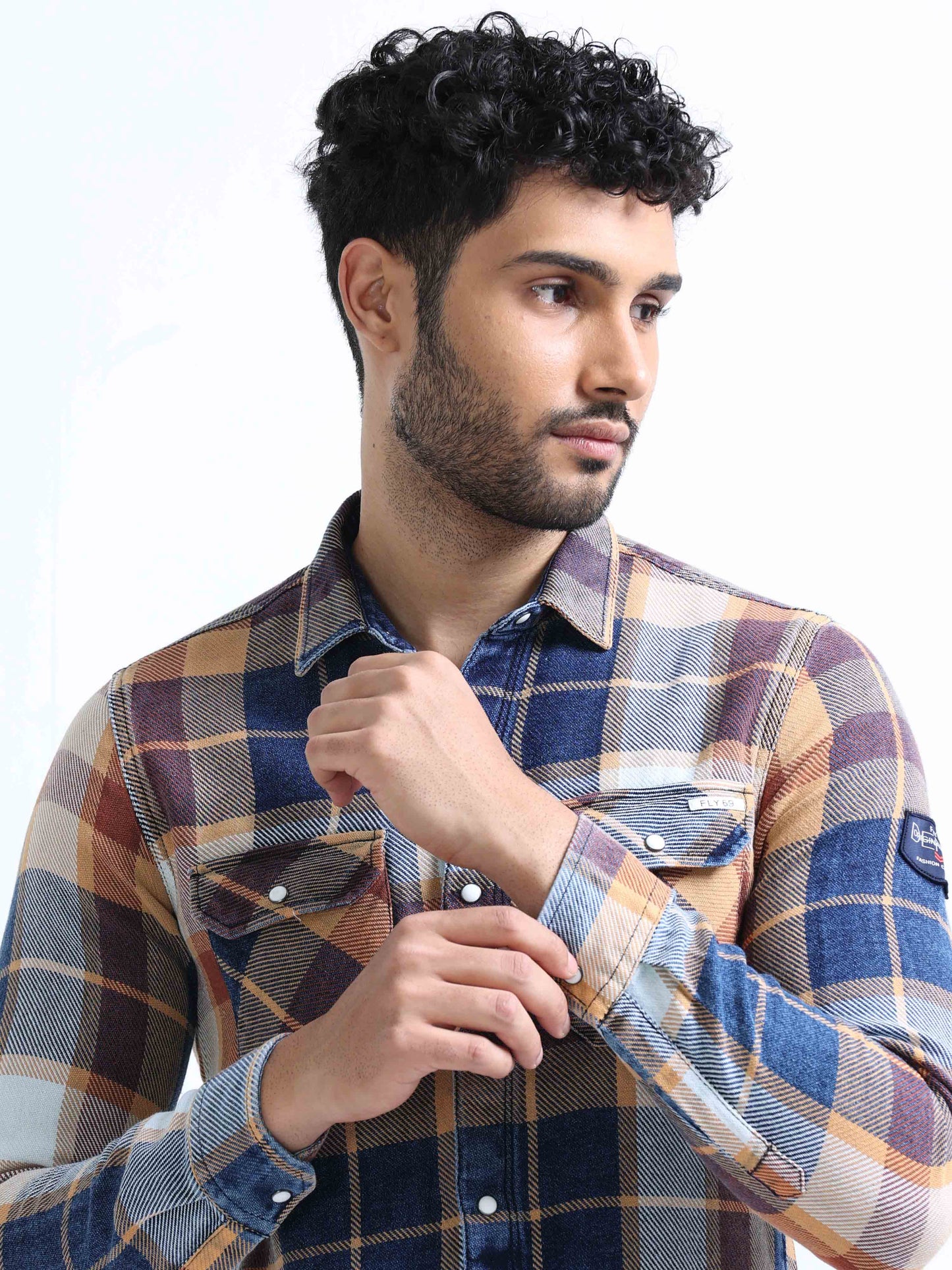 Mustard Checked Denim Double Pocket Shirt For Men