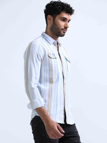 Brown Tobacco Denim Double Pocket Shirt For Men 