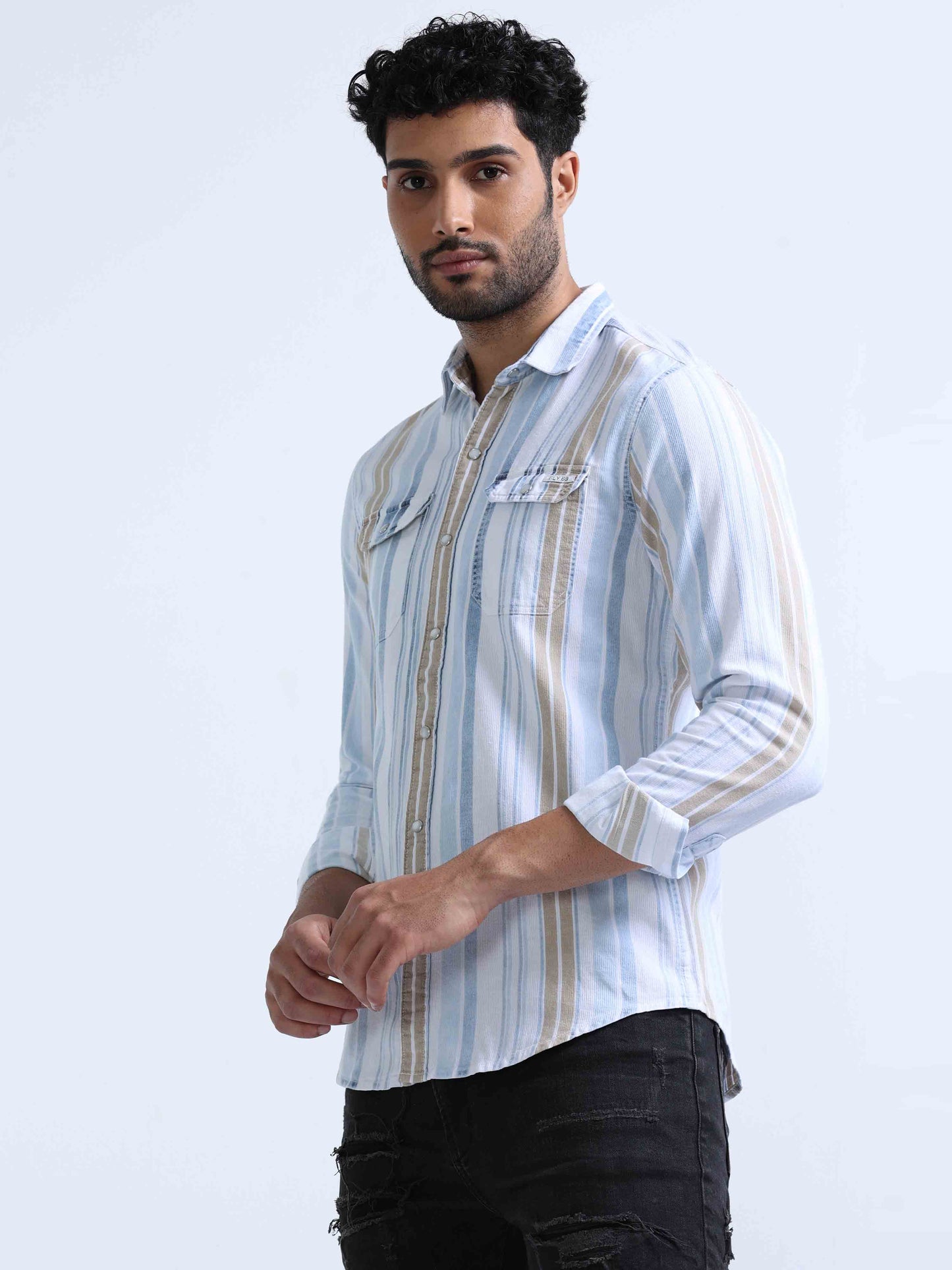 Brown Tobacco Denim Double Pocket Shirt For Men 