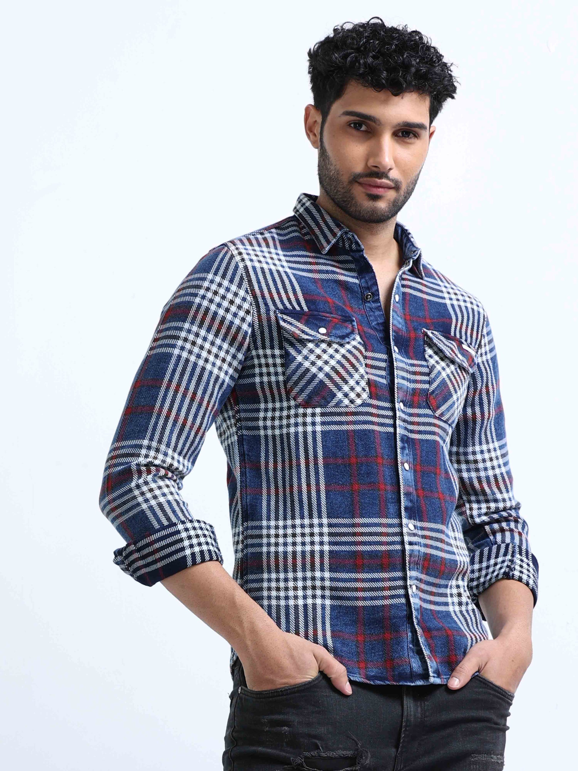 Medium Blue and Red Denim Shirt For Men 