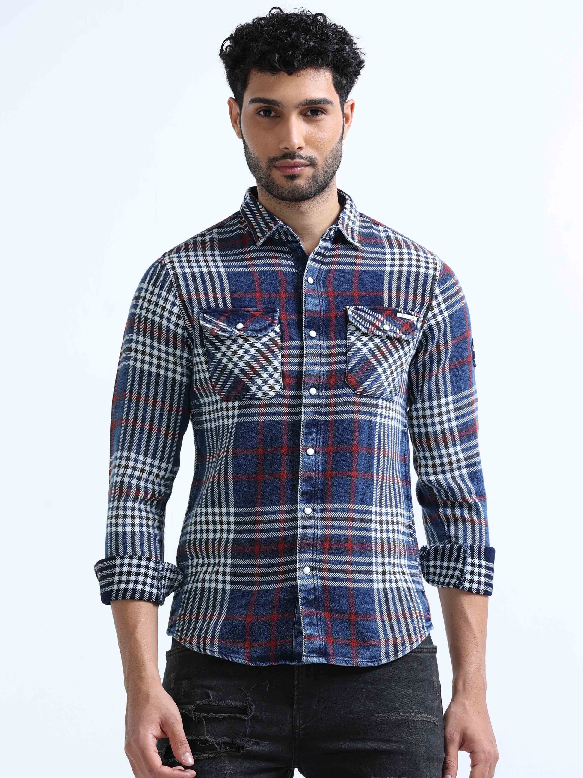 Medium Blue and Red Denim Shirt For Men 