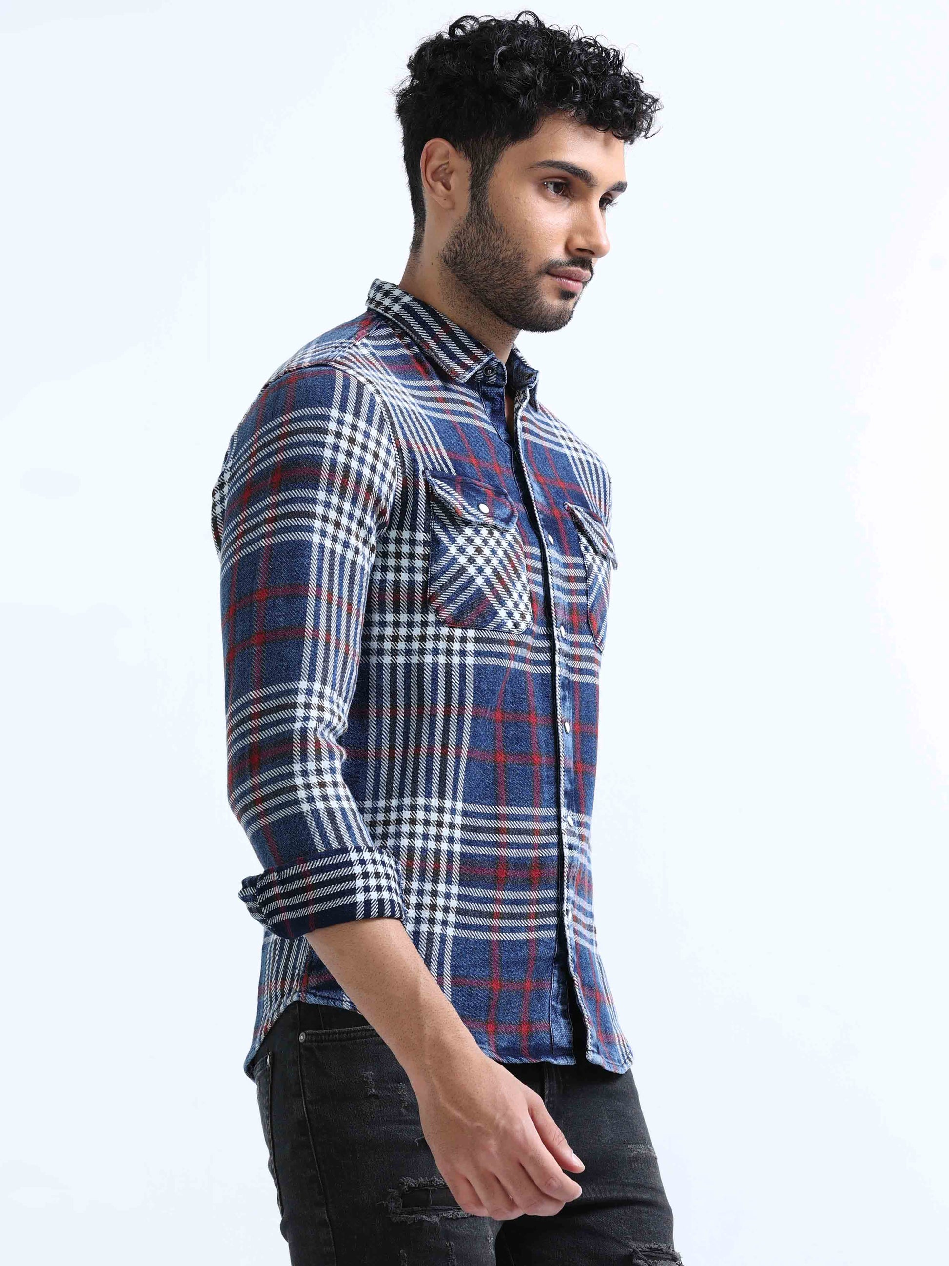 Medium Blue and Red Denim Shirt For Men 