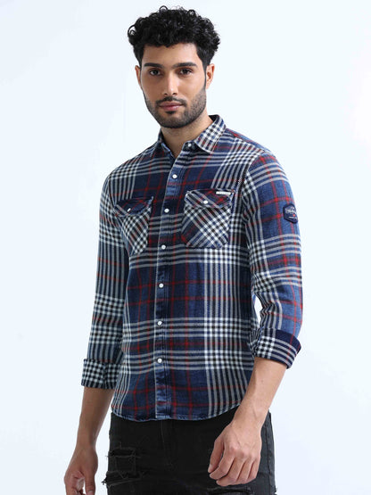 Medium Blue and Red Denim Shirt For Men 