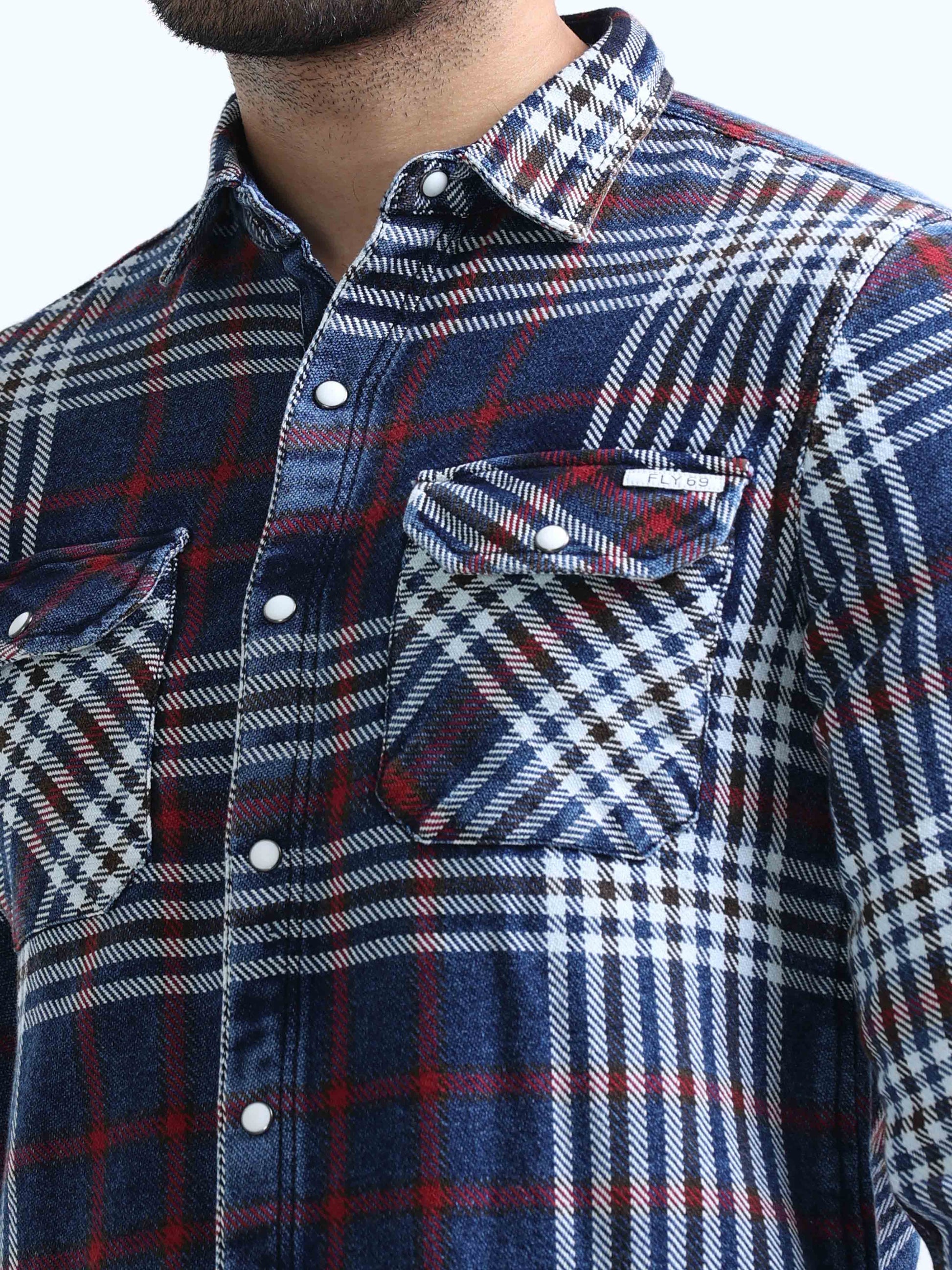 Medium Blue and Red Denim Shirt For Men 