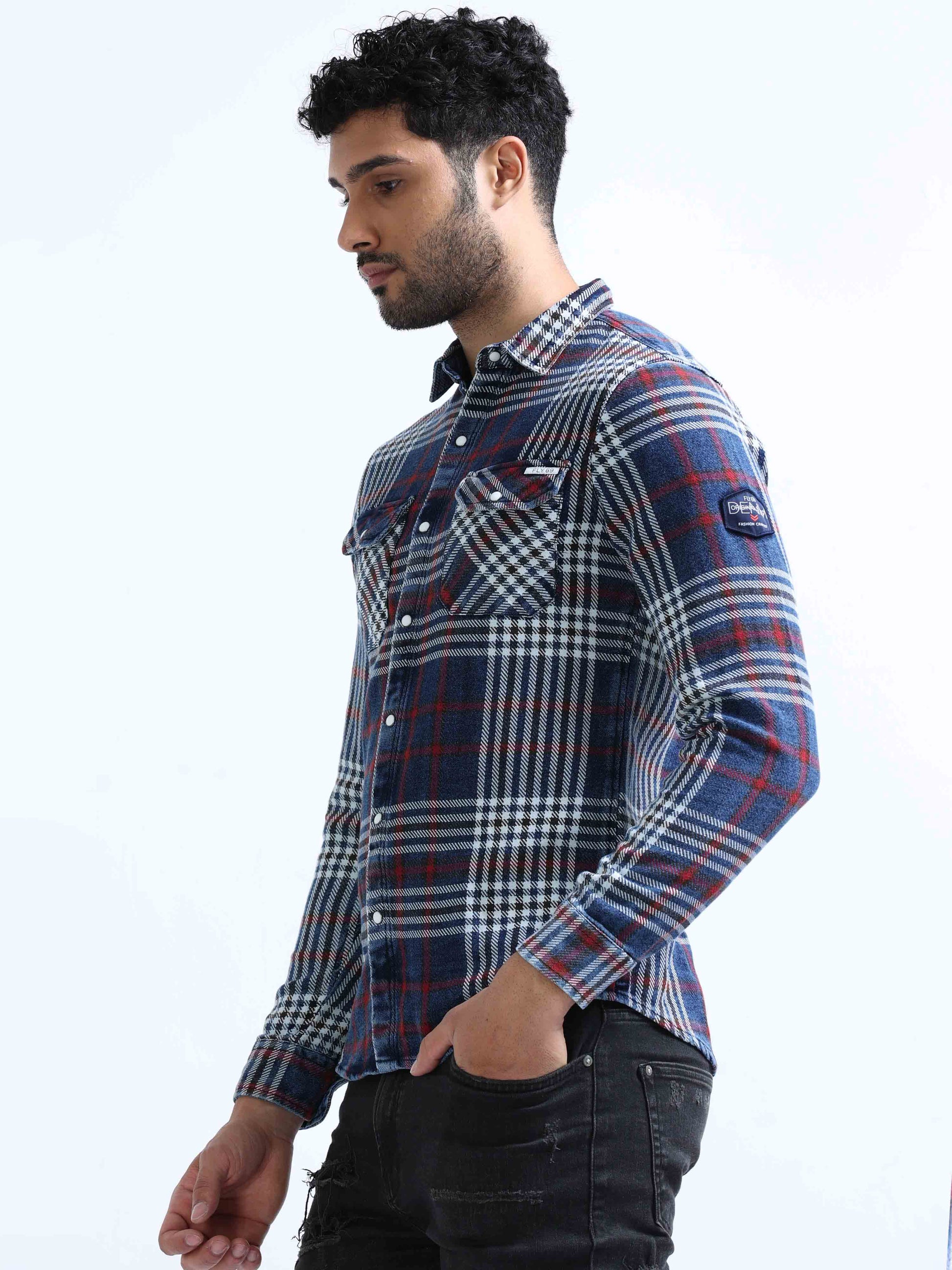 Medium Blue and Red Denim Shirt For Men 