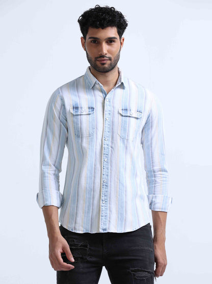 Blue Diamond Striped Denim Shirts For Men 