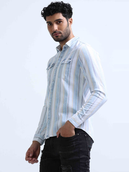 Blue Diamond Striped Denim Shirts For Men 