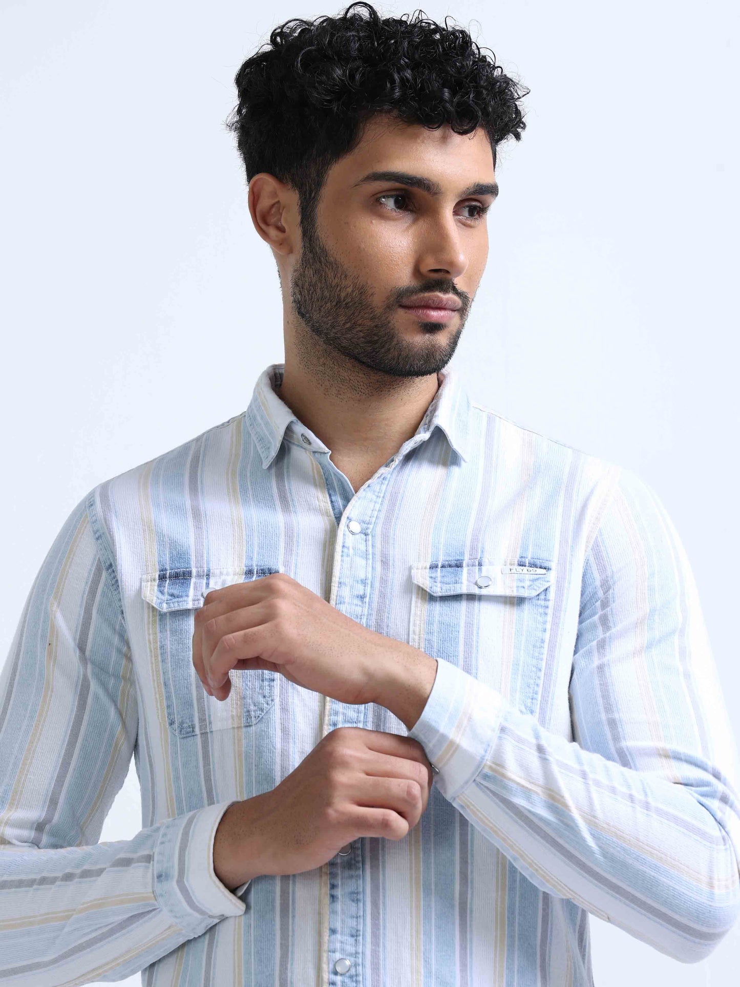 Blue Diamond Striped Denim Shirts For Men 