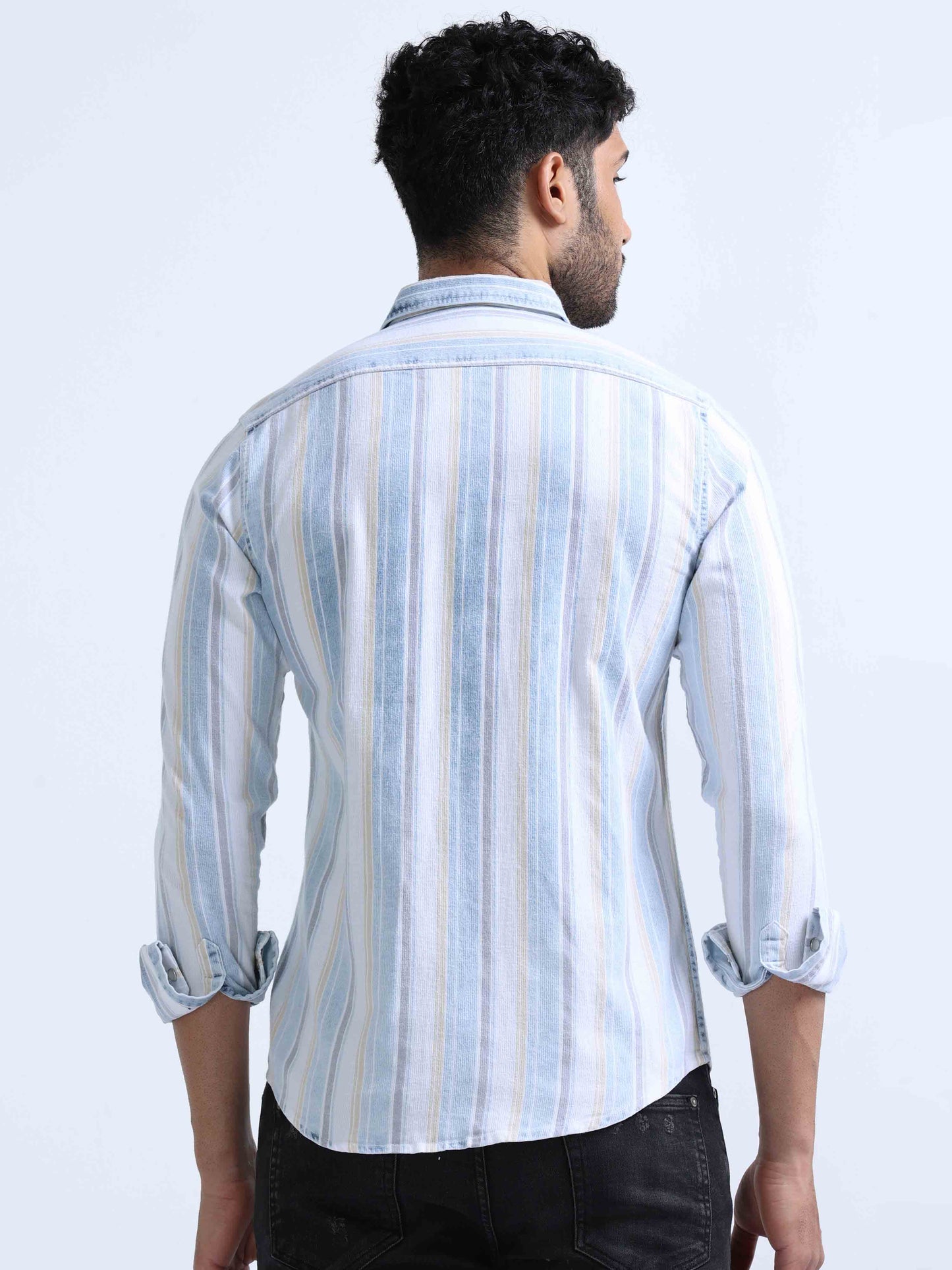 Blue Diamond Striped Denim Shirts For Men