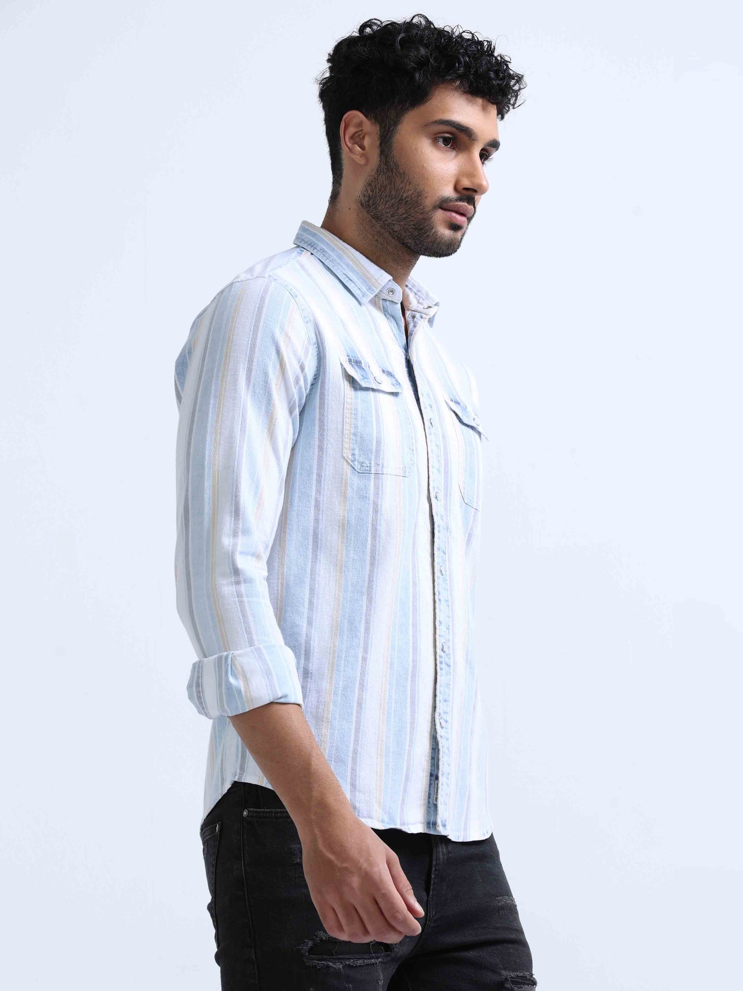 Blue Diamond Striped Denim Shirts For Men 