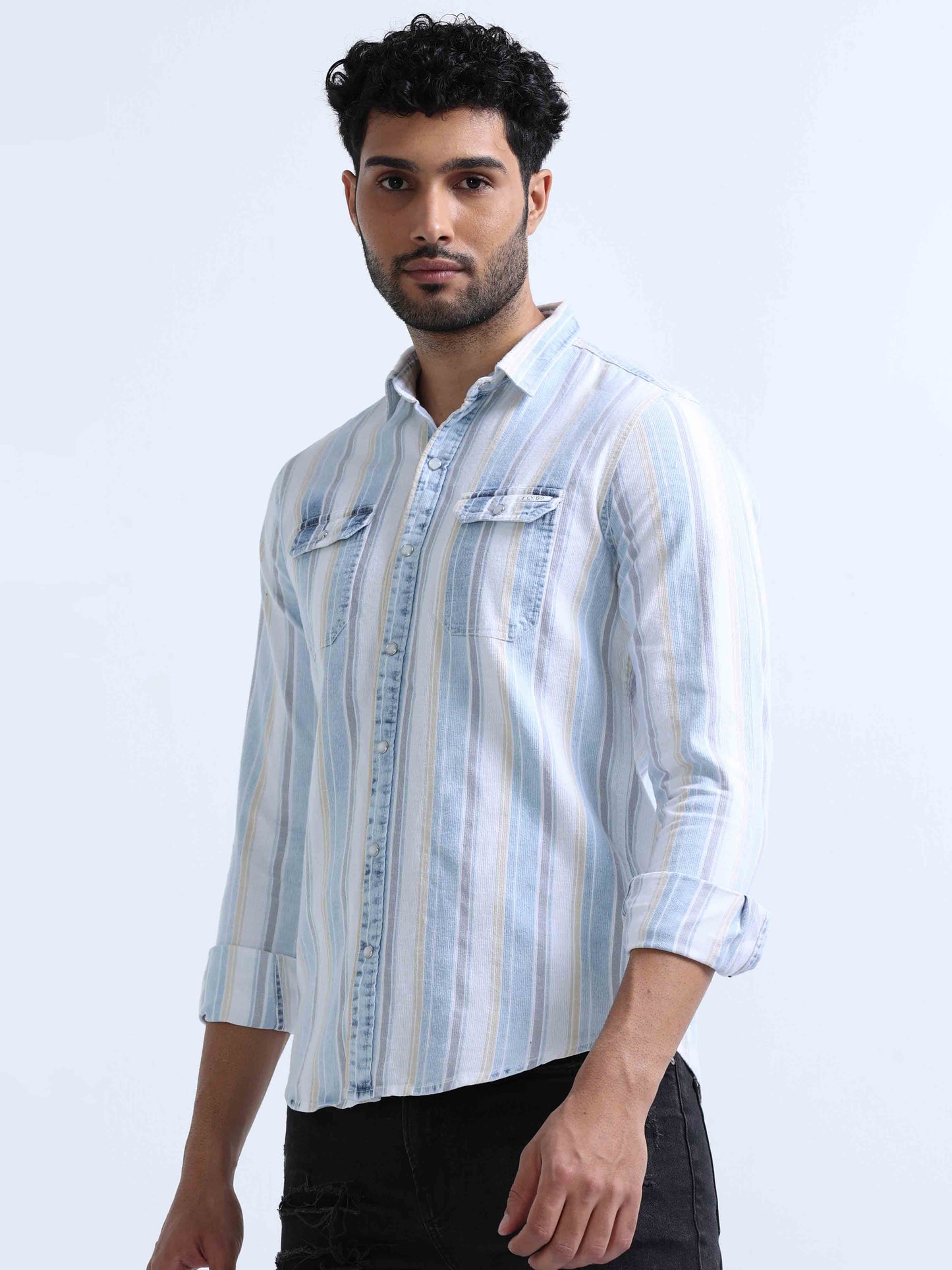 Blue Diamond Striped Denim Shirts For Men 