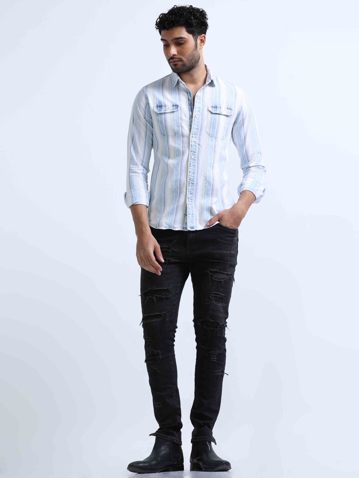 Blue Diamond Striped Denim Shirts For Men