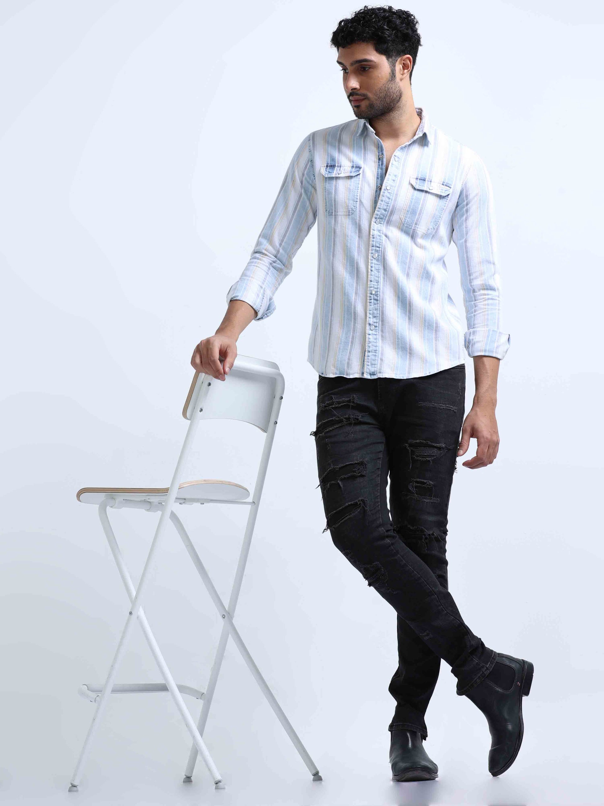 Blue Diamond Striped Denim Shirts For Men