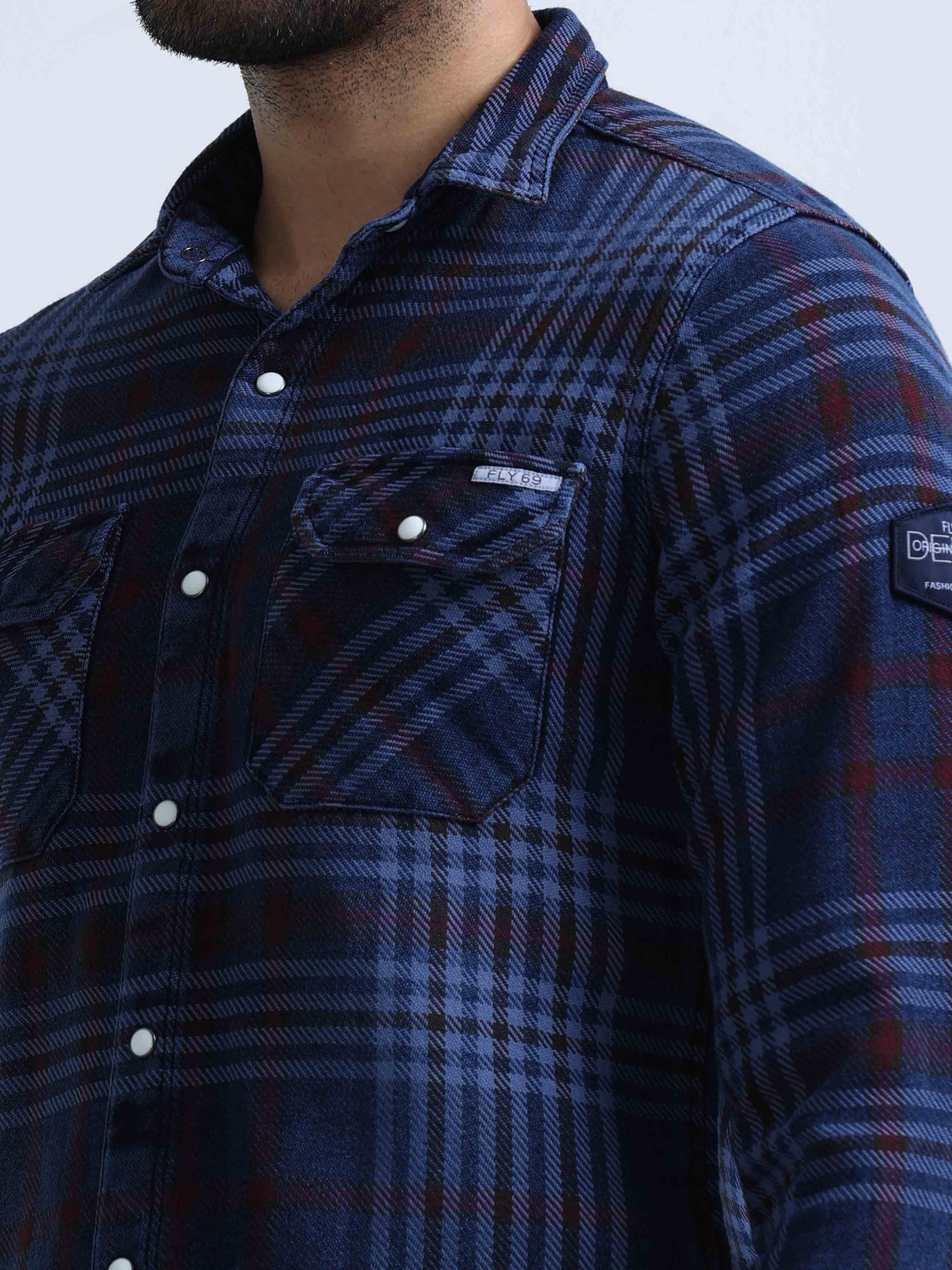 Red and White Checked Denim Shirt For Men 