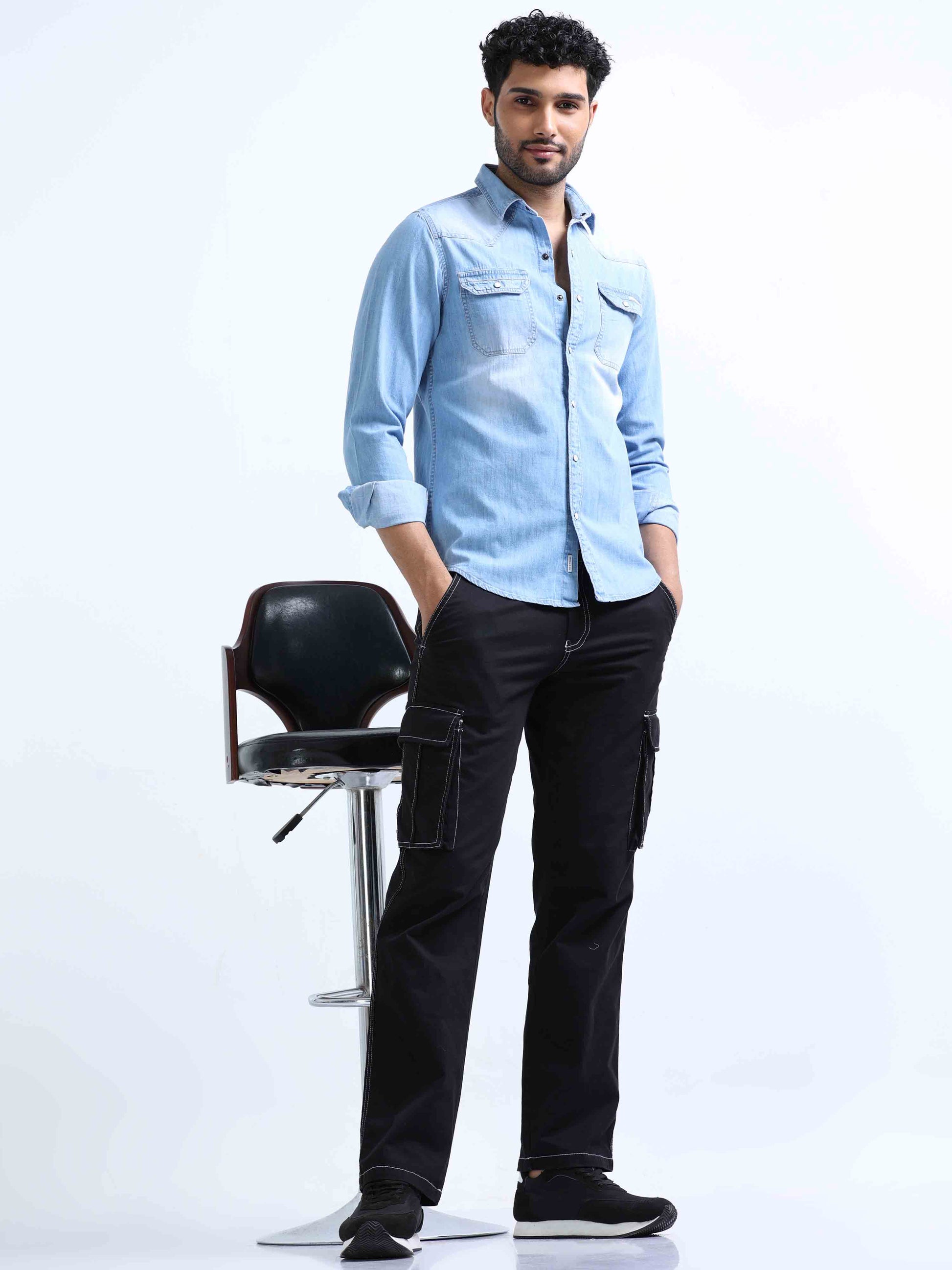 Sky Blue Denim Double Pocket Shirt for Men