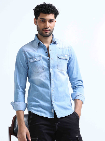 Sky Blue Denim Double Pocket Shirt for Men