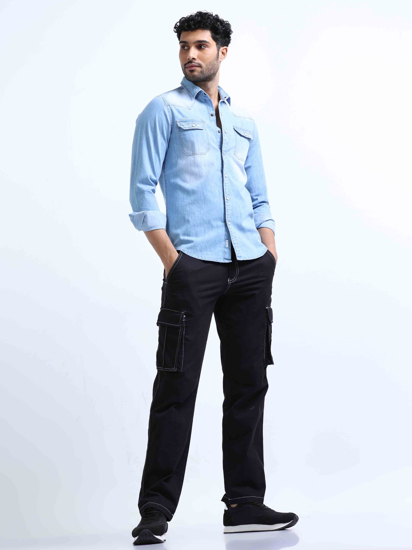 Sky Blue Denim Double Pocket Shirt for Men