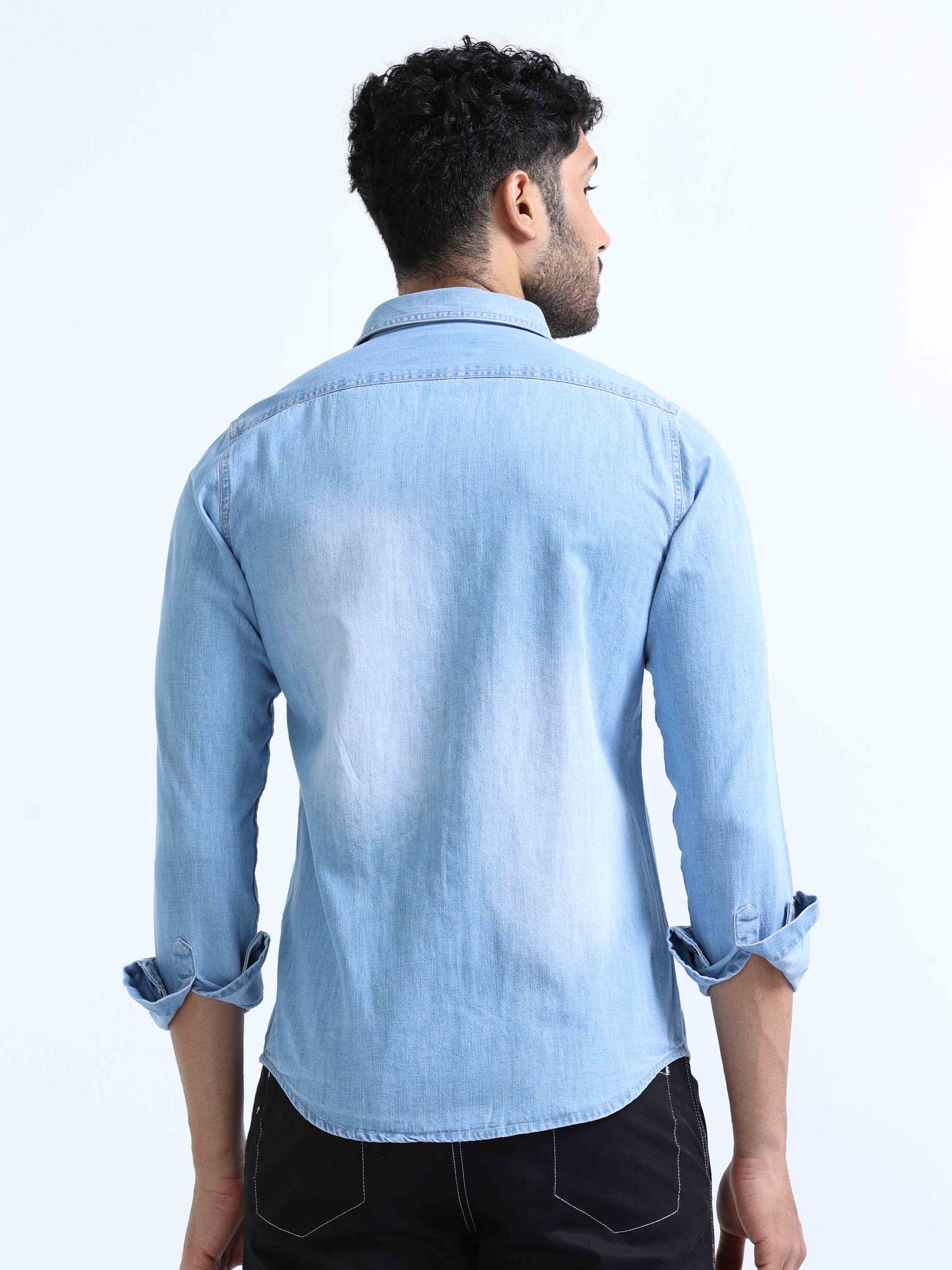 Sky Blue Denim Double Pocket Shirt for Men